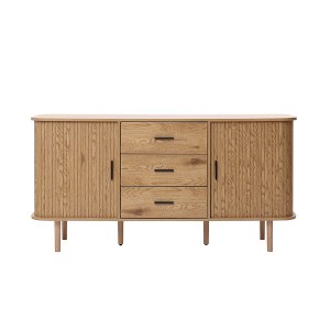 LuxenHome Oak Finish MDF Wood 3-Drawer Sideboard Cabinet with Sliding Doors & Rounded Corners - 1 of 4
