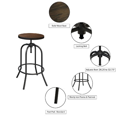 Adjustable Dark Walnut and Iron Swivel Bar Stool