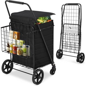 Large Folding Shopping Cart with Wheels, Double-Basket Collapsible Grocery/Utility Cart with Locking Latch for Laundry, Luggage & Camping - 1 of 4
