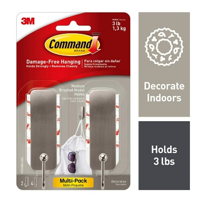 Command 2 Hooks 4 Strips Medium Sized Hooks Nickel: Adhesive Wall Hooks, Heavy Duty, Decorative, Silver, Plastic, 3 lb Capacity