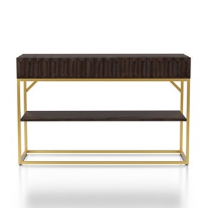Cilker 2 Drawers Sofa Table Walnut/Gold - miBasics: Elegant Steel Frame, Open Shelf Storage, MDF Veneer - 1 of 4