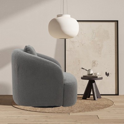 Gray Boucle Upholstered Swivel Barrel Chair with Metal Base