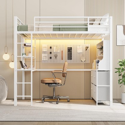Twin Size Loft Bed with Desk, 4 Fabric Drawers, 2 Storage Shelves,Heavy-Duty Metal Frame with LED Lights, Charging Station, Safety Guardrail & Ladder