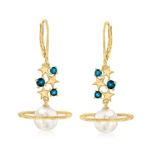 Ross-Simons 8.5-9mm Cultured Pearl and .50 ct. t.w. London Blue Topaz Celestial Drop Earrings in 18kt Gold Over Sterling - 1 of 3