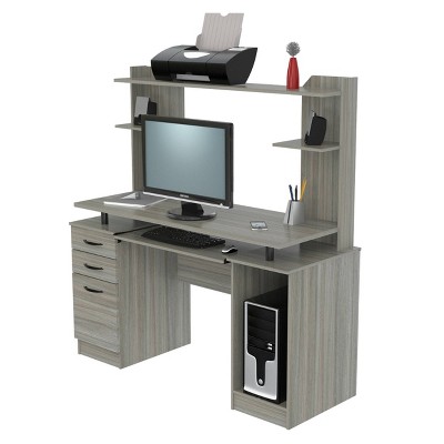 Smoke Oak Computer Work Center with Hutch and Storage