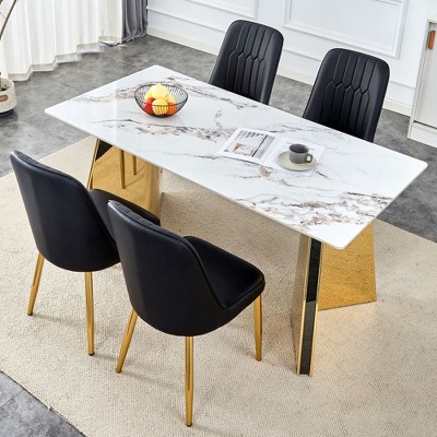 NicBex 5 PCS/7 PCS Cold Jade Patterned Sintered Stone Dining Table Set with 4/6 Vertical Line Design Back PU Chairs for Kitchen/Apartment