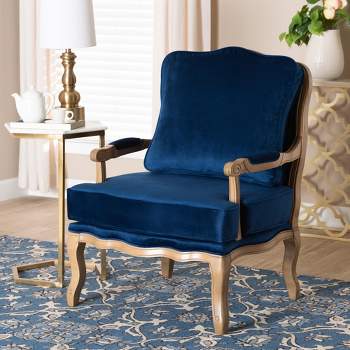 Baxton Studio Jules Traditional Navy Blue Fabric and French Oak Brown Finished Wood Accent Chair