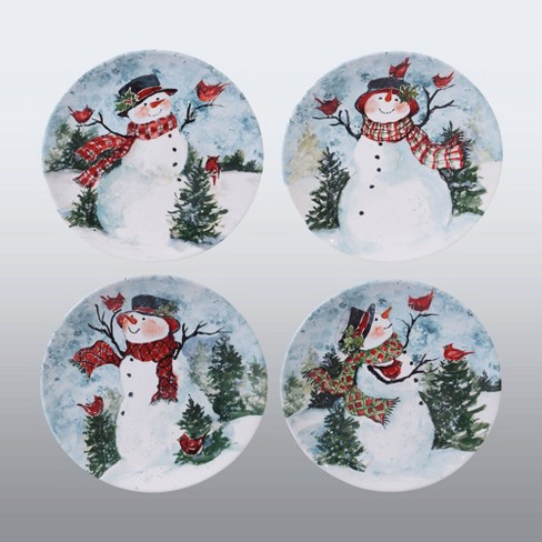 Set of 4 Christmas Lodge Snowman Dining Dessert Plates - Certified  International