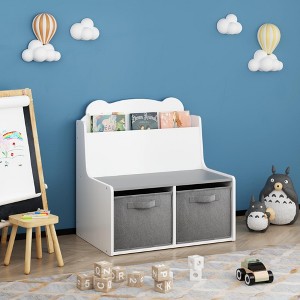 LOVSON Cute Bear Shape Bookcase with Book Display Shelves and 2 Fabric Storage Bins, Toddler Toy Storage Cabinet, 23.62*16.54*24.21 inches,White - 1 of 4