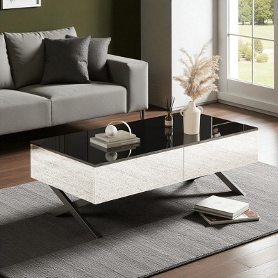 Mshliw Rectangular Mirrored Coffee Table with 2 Drawers, Black Gloss Top and Metal Base, Dining Table, Sofa Table, Living Room Storage Table