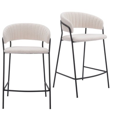 HomeRoots Set of Two 26" Cream and Black Faux Shearling and Steel Low Back Counter Height Bar Chairs