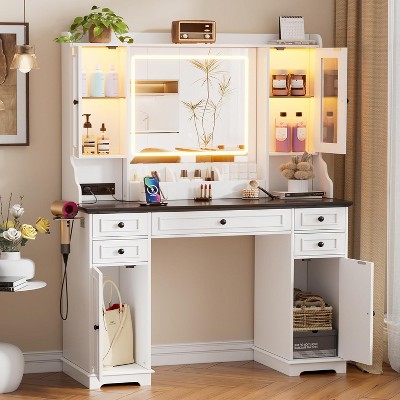 PAKASEPT Farmhouse Vanity Desk with Mirror and Lights, with Power Outlet, 5 Drawers, 4 Cabinets, 3 Lighting Modes&Storage Shelves