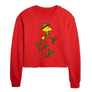 Peanuts Woodstock Branch Cropped Long Sleeve Crew Neck Sweatshirt - Red - X-Large - 1 of 3