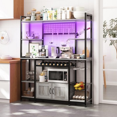 Large Bakers Rack with Power Outlet and LED Light, 5-Tier 55" Kitchen Microwave Stand Coffee Bar with Storage
