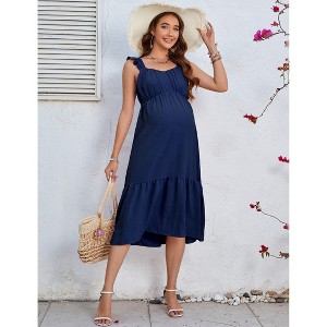 BLUEMING Maternity Dress Flowy Smocked A Line Sundress with Ruffle Strap Sweetheart Neck Seersucker Dress - 1 of 4