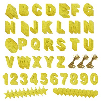 Blue Panda 126 Pack Gold Glitter Letters, Custom Banner Kit with Letters A-Z, Numbers 0-9, Hearts, Stars, 3 Strings