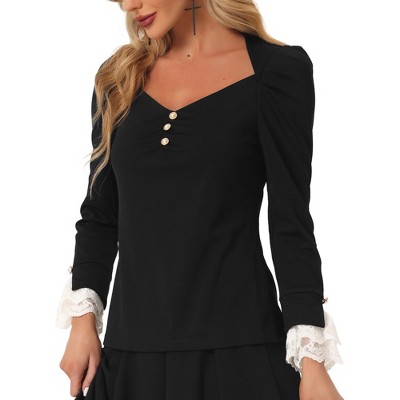 INSPIRE CHIC Women's Vintage Lace Trim Long Sleeve Sweetheart Neck Shirt