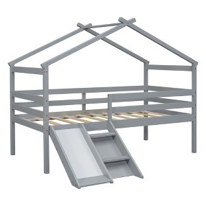 YOOCOZZ Twin Size House Roof Design Low Loft Bed with Slide and Safety Guardrails - 1 of 4