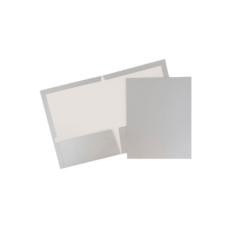 JAM Paper Laminated Two-Pocket Glossy Presentation Folders Silver Bulk 50/Box 385GSIC, 1 of 10