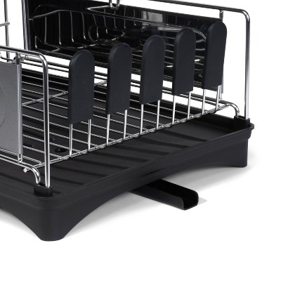 Compact 18.25" Stainless Steel 2-Tier Dish Drying Rack with Utensil Holder