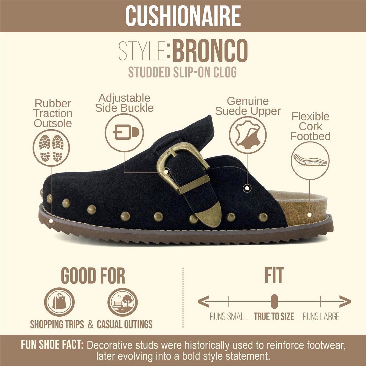 Женские сабо CUSHIONAIRE Bronco Slip On Mule Womens Shoes – Genuine Suede Leather Clogs with Adjustable Buckle and Studded Detailing Biscuit 8 — фото 2