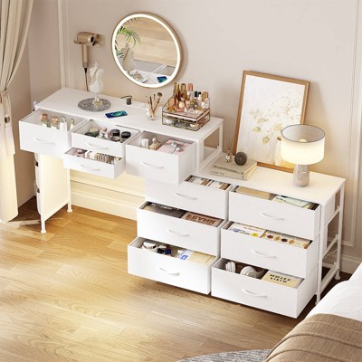 WOWLIVE Dresser for Bedroom with Charging Station and LED Light, Rotatable Vanity Desk with Fabric Drawers and Side Pockets