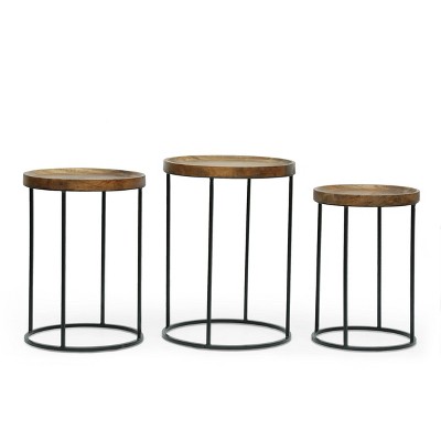 Set of 3 Gambier Industrial Mango Wood Nested Tables: Sturdy Iron Frame - Christopher Knight Home