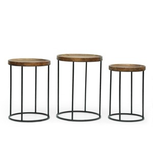 Set of 3 Gambier Industrial Mango Wood Nested Tables: Sturdy Iron Frame - Christopher Knight Home - 1 of 4