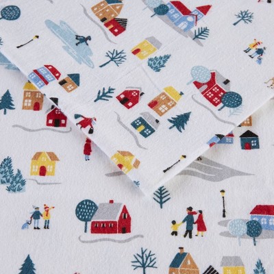 Twin XL White Village Print Cotton Flannel Sheet Set
