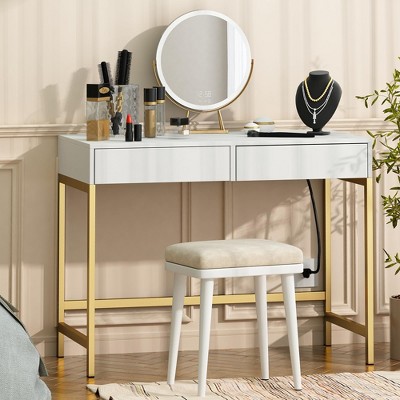 ORRD 40" Charging Station Desk with 2 Outlets & USB Ports, 2-Drawer Office Vanity Desk for Small Spaces, Bedroom or Dorm