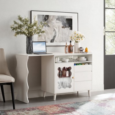 41" White Wood Storage Cabinet with Drawers and Shelves, Extendable Sideboard Buffet Cabinet, Microwave Oven Stand for Kitchen-Cuddlewood