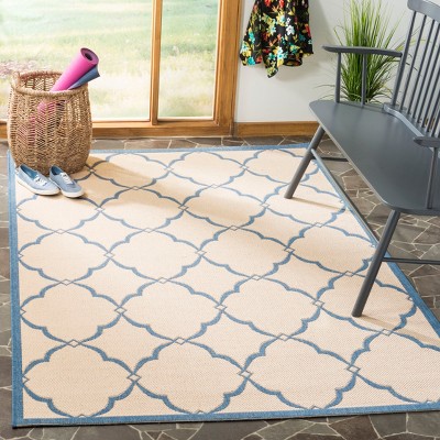 Cream and Blue Geometric Flat Woven Area Rug