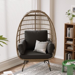 Wicker Egg Chair – Oversized PE Rattan Lounge Chair with Thick 4-inch Cushion & Metal Stand, Waterproof (Black) - 1 of 4