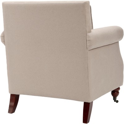 Beige Linen Arm Chair with Dark Cherry Wood Legs
