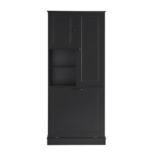 Gulches Tall Storage Cabinet with Adjustable Shelves & Flip-Out Basket, Black MDF Cabinet for Bathroom, Living Room, Office with Aluminum Handles - 1 of 4