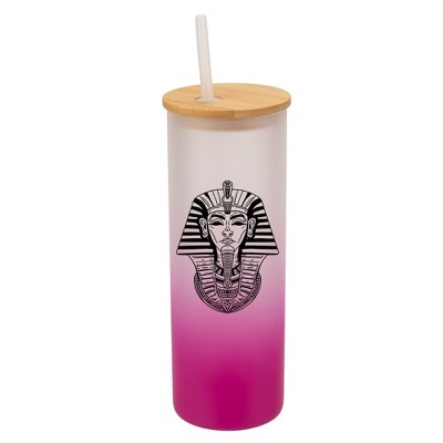 Elanze Designs Pharaoh Ancient Regal Icon Pink Frosted Gradient Glass Tumbler with Bamboo Lid & Straw 25 ounce Reusable Iced Coffee or Water Cup,