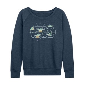 Women's - Star Wars - The Mandalorian Grogu Star Wars Lightweight French Terry Wide Neck Long Sleeve Graphic Shirt - 1 of 4