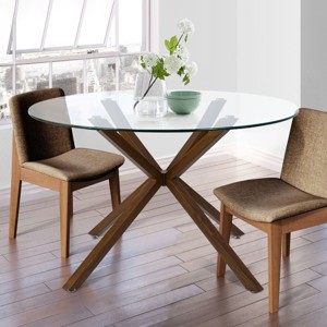 39'' Round Glass Dining Table for 4, Modern Kitchen Table with Angled Base, Clear Top and Natural Legs, Small Space Dining Table-Maison Boucle - 1 of 4