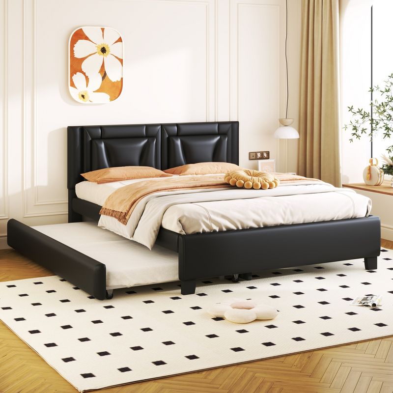 Queen Size Upholstered Platform Bed with Headboard and Twin Size Trundle 4A - ModernLuxe, 1 of 10
