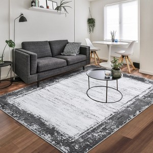 Modern bordered runner. Washable, distressed, long vintage rug. Non-shedding; for hallways, kitchens, rooms. - 1 of 4