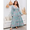 Plus Size Women's V Neck Long Sleeve Maxi Dress with Belt Flowy Elegant Floor Length Dress - 4 of 4