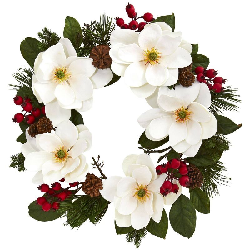 Nearly Natural 26” Magnolia, Pine and Berries Wreath, 1 of 4