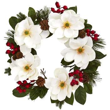 Nearly Natural 26” Magnolia, Pine and Berries Wreath