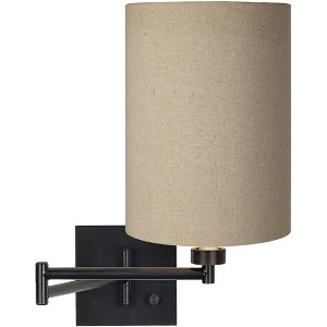 Franklin Iron Works Modern Swing Arm Wall Lamp Espresso Plug-In Light Fixture Tan Cylinder Shade for Bedroom Bedside Living Room - 1 of 4
