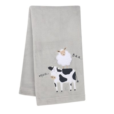 Image of Lambs & Ivy Baby Farm Cow/Sheep Appliqued Gray Luxury Fleece Baby Blanket