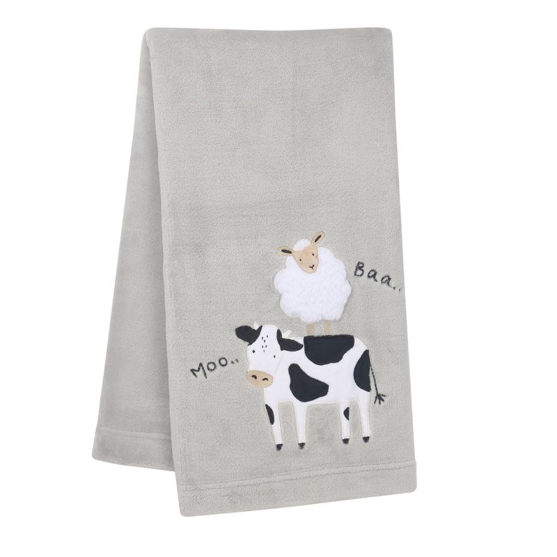 Lambs & Ivy Baby Farm Cow/Sheep Appliqued Gray Luxury Fleece Baby Blanket, 1 of 8