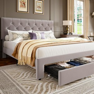 Bed Frame with 2 Storage Drawers, Upholstered Platform Bed with Adjustable Velvet Headboard, Wooden Slat Support, Noise-Free & No Box Spring Needed - 1 of 4