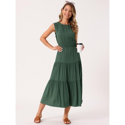 Женские платья INSPIRE CHIC Women's Summer Sleeveless Crewneck Tiered Casual Flowy Midi Sundress with Pockets Medium Army Green — фото 4