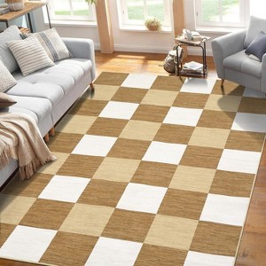 Modern Washable Area Rug, Ultra-Thin Foldable Print Plaid Mat, Non Slip Stain Resistant Carpet for Living Room Bedroom Dining Room, Brown 5*7ft - 1 of 4