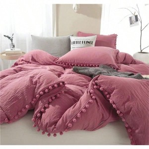 Queen Size Duvet Cover Set, 100 Washed Microfiber, 3pcs, Solid Color, Zipper Corner Ties, Old Pink - 1 of 4